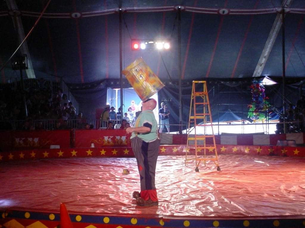 Circus performer balancing large box overhead