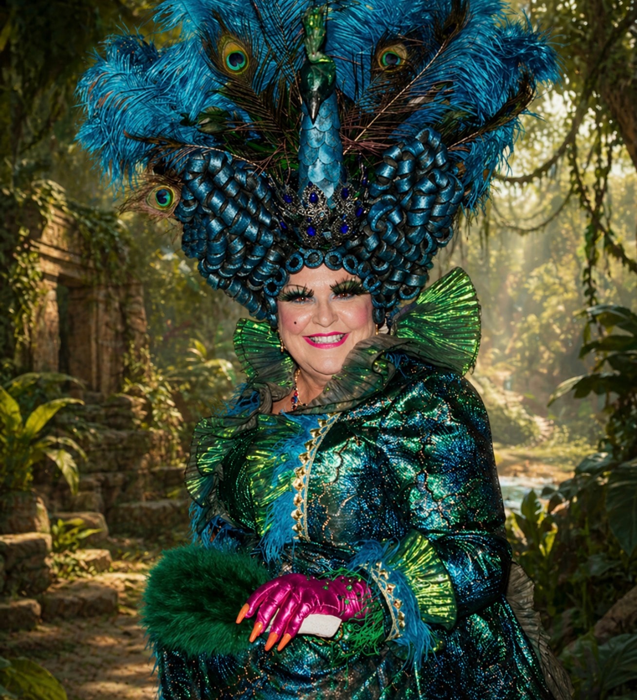 Helen Tom in elaborate peacock headdress costume