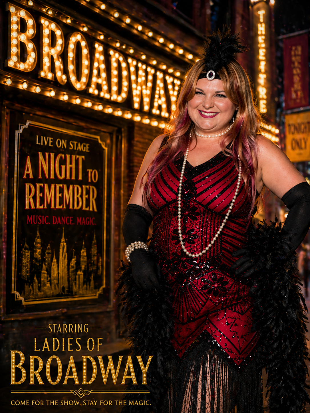 Performer in red sequined flapper dress at Broadway marquee