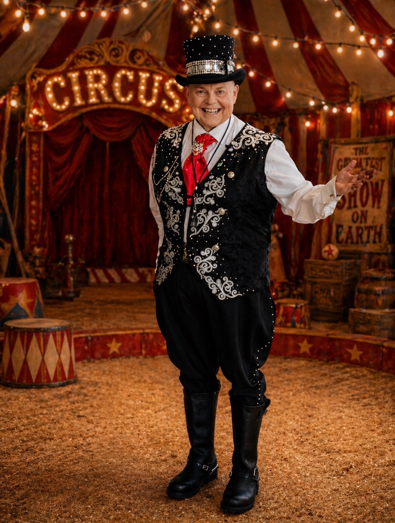 Ringmaster commanding the stage in dramatic circus setting